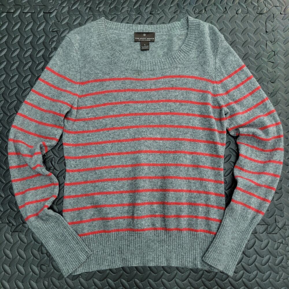 Fenn Wright Manson 100% Cashmere Sweater Women's L Gray Red Stripe 2 Ply Knit